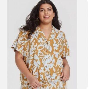 Ava & Viv Plus Size Short Sleeve Button-Down Top Gold Floral Size 2X Linen